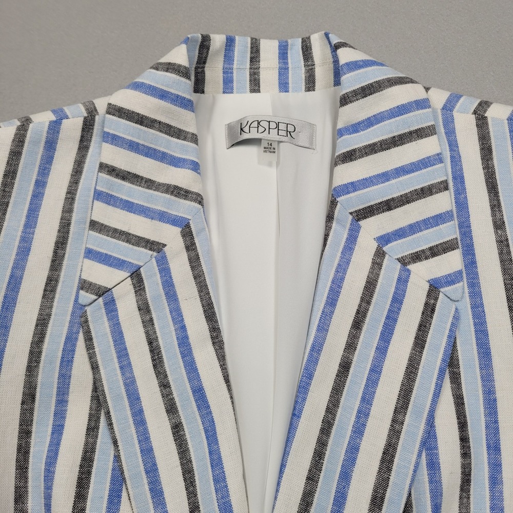 Kasper Womens Striped Linen Blend Blazer Jacket Blue White Black 14 10777128-045
